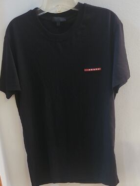 Prada Black Short Sleeve Tee with Red Logo Stripe